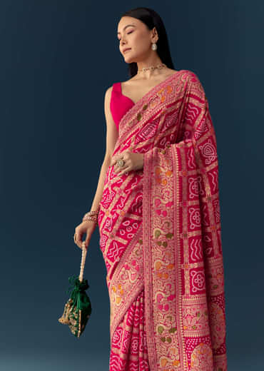 Rani Pink Dola Silk Bandhani Woven Saree with Unstitched Blouse