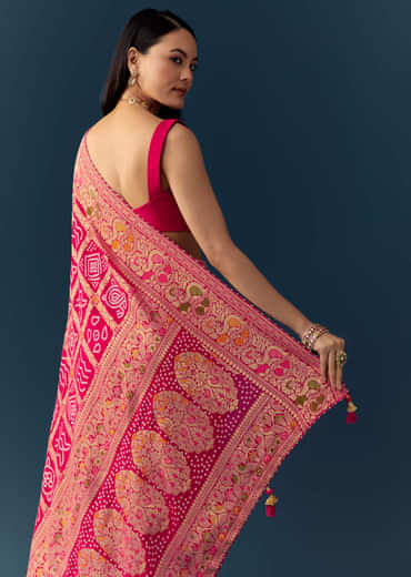 Rani Pink Dola Silk Bandhani Woven Saree with Unstitched Blouse