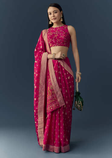Rani Pink Dola Silk Brocade Woven Saree with Unstitched Blouse