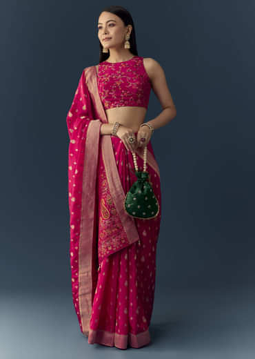 Rani Pink Dola Silk Brocade Woven Saree with Unstitched Blouse