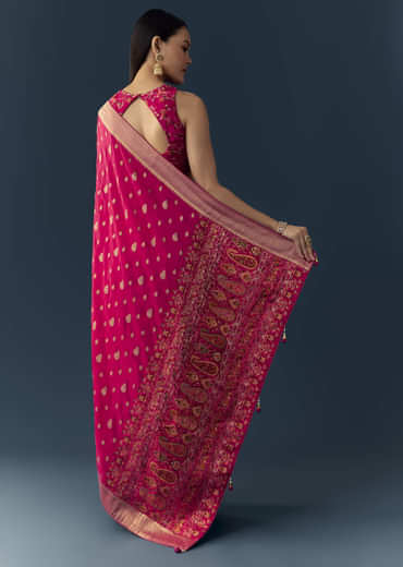 Rani Pink Dola Silk Brocade Woven Saree with Unstitched Blouse