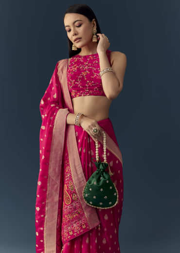 Rani Pink Dola Silk Brocade Woven Saree with Unstitched Blouse