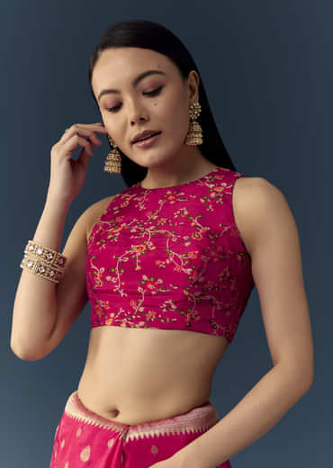 Rani Pink Dola Silk Brocade Woven Saree with Unstitched Blouse