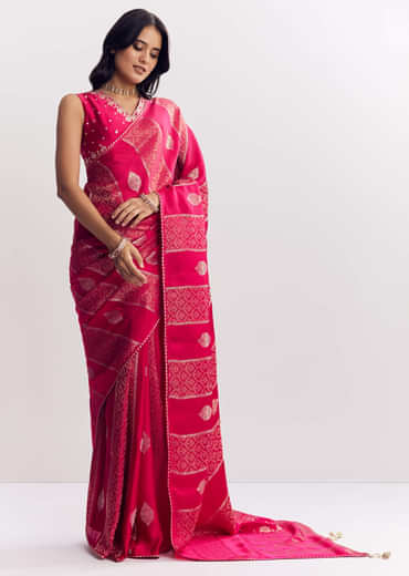 Rani Pink Dola Silk Saree With Gota Patti Woven Motif