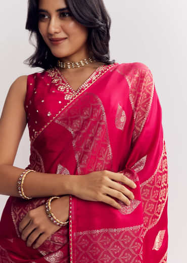 Rani Pink Dola Silk Saree With Gota Patti Woven Motif