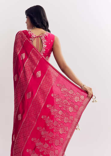 Rani Pink Dola Silk Saree With Gota Patti Woven Motif