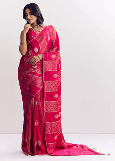 Rani Pink Dola Silk Saree With Gota Patti Woven Motif