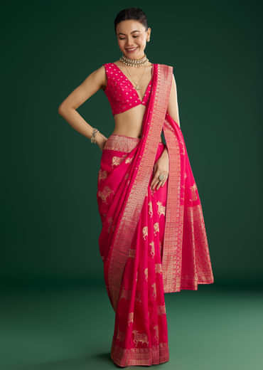 Rani Pink Dola Silk Saree With Zari Woven Border