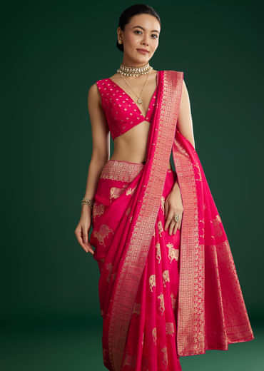 Rani Pink Dola Silk Saree With Zari Woven Border