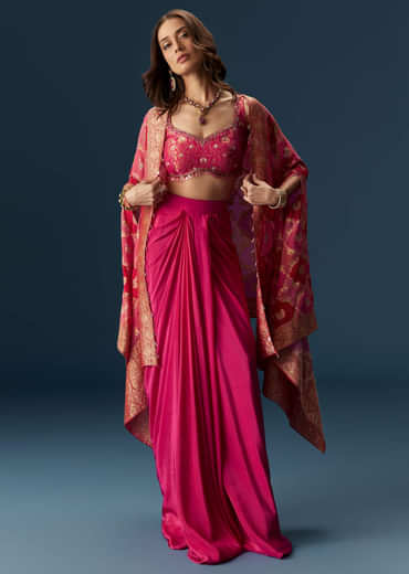 Rani Pink Embellished Blouse And Drape Skirt Set With Statement Cape