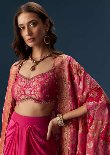 Rani Pink Embellished Blouse And Drape Skirt Set With Statement Cape