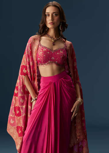 Rani Pink Embellished Blouse And Drape Skirt Set With Statement Cape