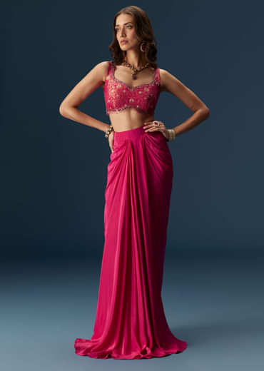 Rani Pink Embellished Blouse And Drape Skirt Set With Statement Cape