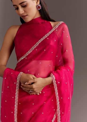 Rani Pink Glass Tissue Saree With Cutdana And Sequins Scallop Border