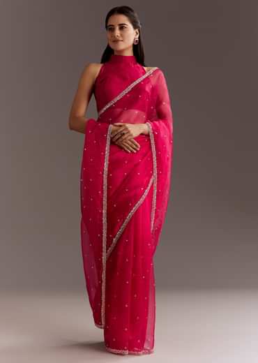 Rani Pink Glass Tissue Saree With Cutdana And Sequins Scallop Border