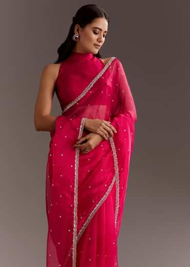 Rani Pink Glass Tissue Saree With Cutdana And Sequins Scallop Border