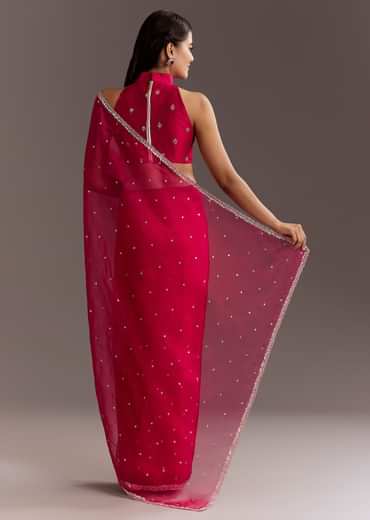 Rani Pink Glass Tissue Saree With Cutdana And Sequins Scallop Border