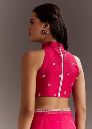 Rani Pink Glass Tissue Saree With Cutdana And Sequins Scallop Border