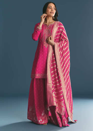 Rani Pink Russian Silk Kurta Palazzo With Banarasi Dupatta