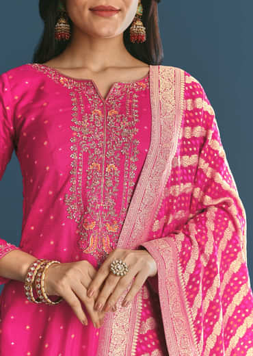 Rani Pink Russian Silk Kurta Palazzo With Banarasi Dupatta