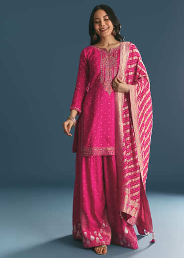 Rani Pink Russian Silk Kurta Palazzo With Banarasi Dupatta