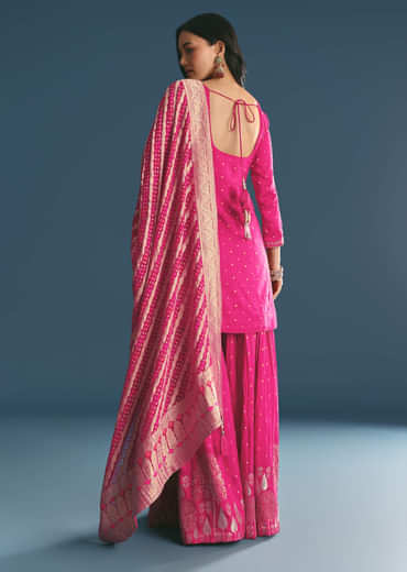 Rani Pink Russian Silk Kurta Palazzo With Banarasi Dupatta