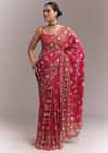 Rani Pink Satin Saree With Handwoven Ikat Print And Mirror Work