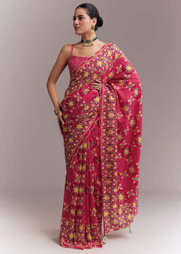 Rani Pink Satin Saree With Handwoven Ikat Print And Mirror Work