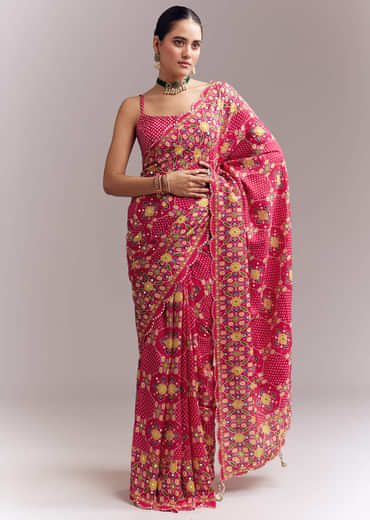 Rani Pink Satin Saree With Handwoven Ikat Print And Mirror Work