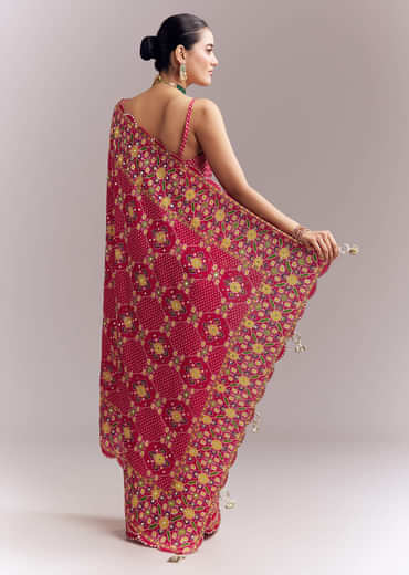 Rani Pink Satin Saree With Handwoven Ikat Print And Mirror Work