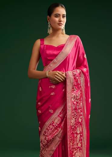 Rani Pink Satin Saree With Zari Woven Design