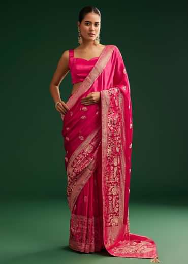 Rani Pink Satin Saree With Zari Woven Design