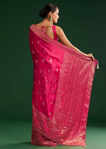 Rani Pink Satin Saree With Zari Woven Design