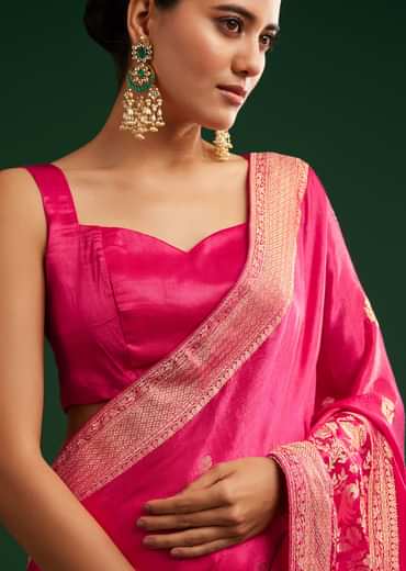 Rani Pink Satin Saree With Zari Woven Design