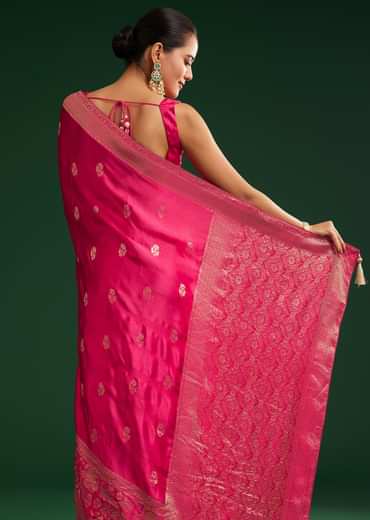 Rani Pink Satin Saree With Zari Woven Design