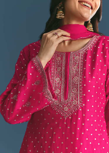 Rani Pink Silk Embroidered Kurta Set With Dupatta