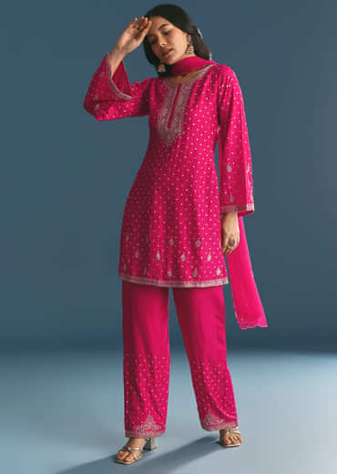 Rani Pink Silk Embroidered Kurta Set With Dupatta