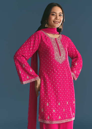 Rani Pink Silk Embroidered Kurta Set With Dupatta