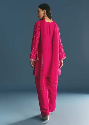 Rani Pink Silk Embroidered Kurta Set With Dupatta