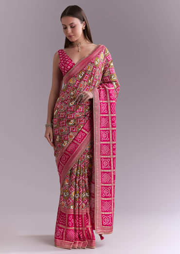 Rani Pink Silk Saree With Bandhani Work And Elephant Motifs