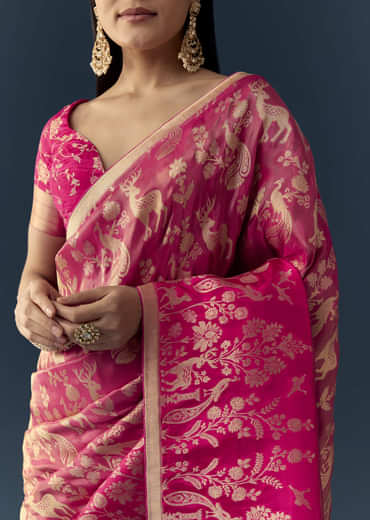 Rani Pink Zari Weave Saree with Brocade Blouse Fabric