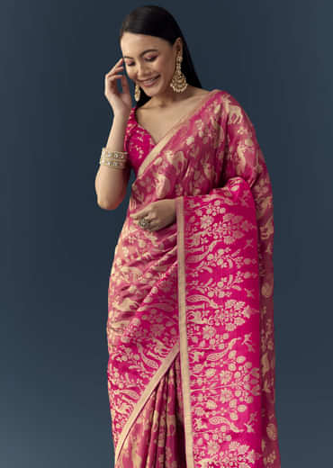 Rani Pink Zari Weave Saree with Brocade Blouse Fabric