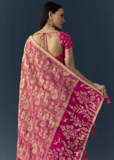 Rani Pink Zari Weave Saree with Brocade Blouse Fabric