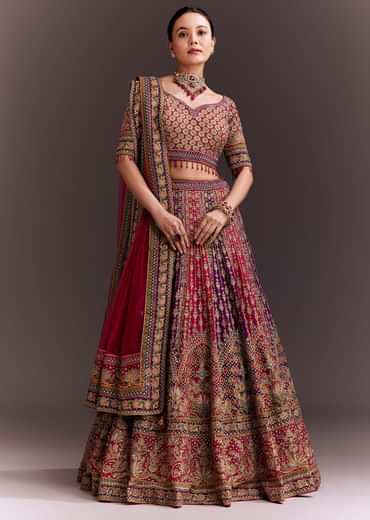 Rani Pink And Purple Zari Embellished Lehenga Set