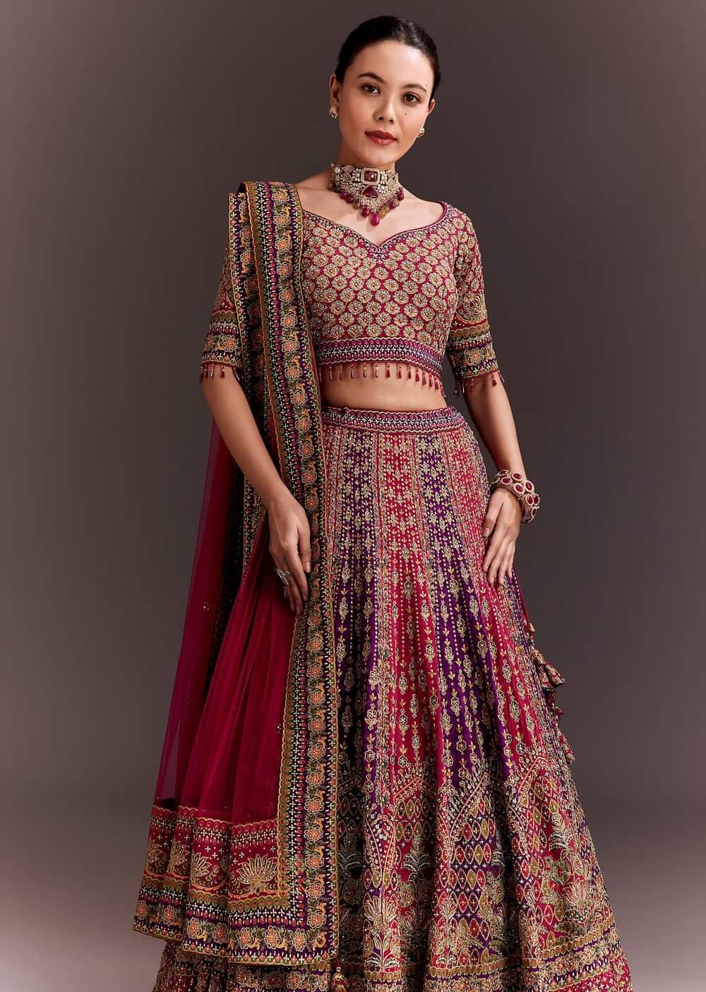 Rani Pink And Purple Zari Embellished Lehenga Set