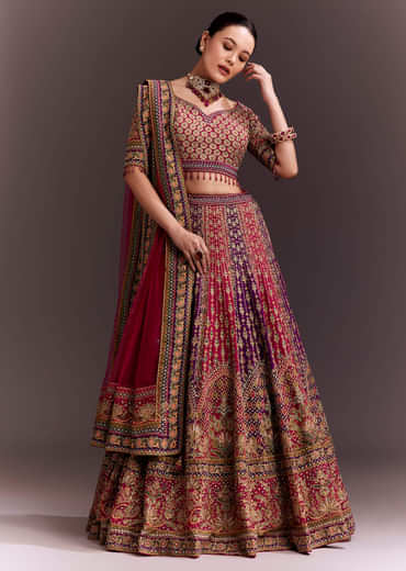Rani Pink And Purple Zari Embellished Lehenga Set
