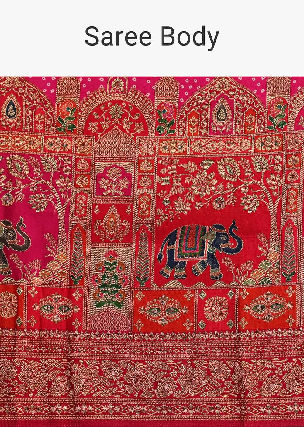 Rani Pink Banarasi Bandhani Satin Saree With Brocade Motifs On Border