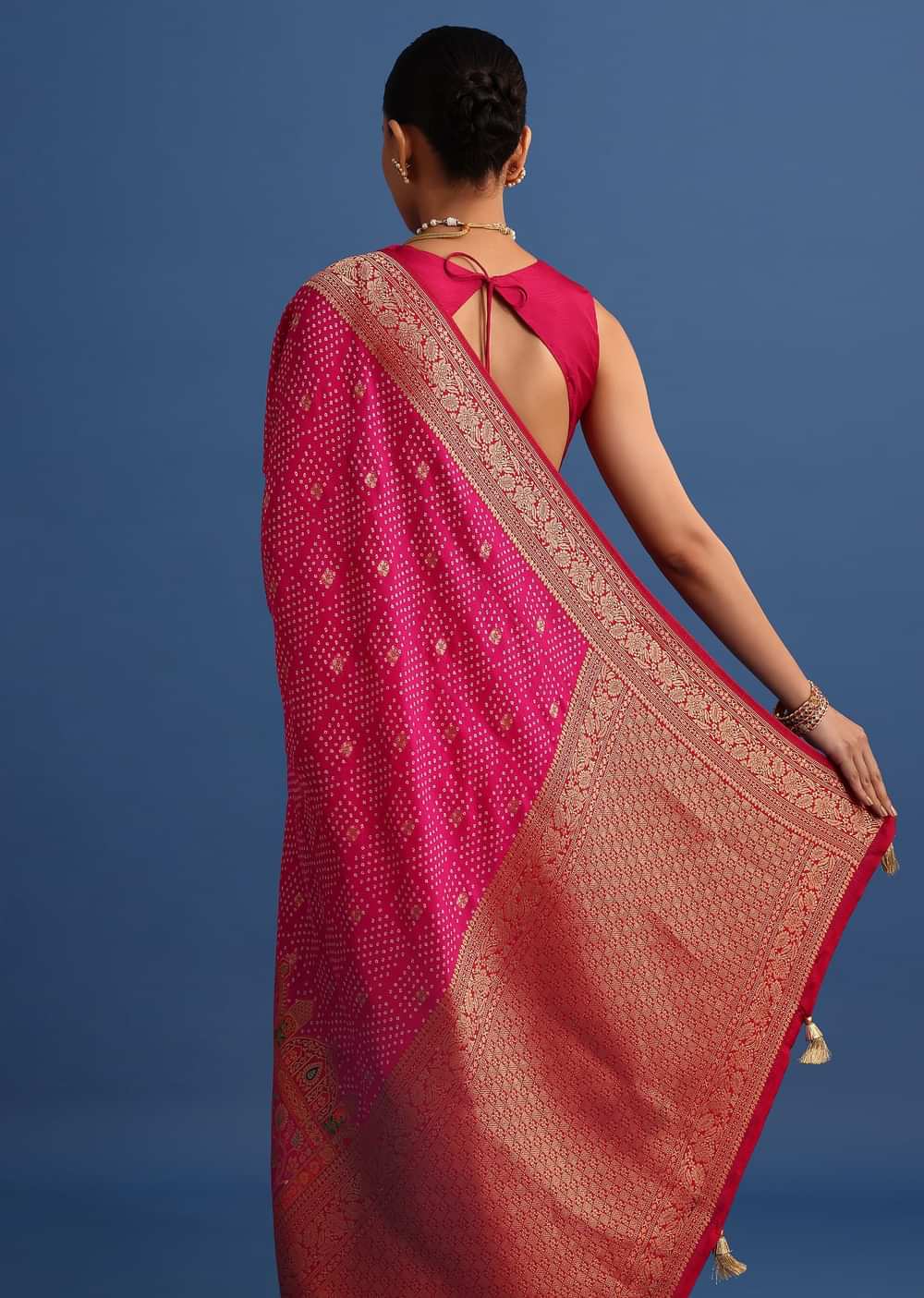 Rani Pink Banarasi Bandhani Satin Saree With Brocade Motifs On Border
