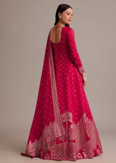 Rani Pink Gold Weave Anarkali Set With Banarasi Dupatta