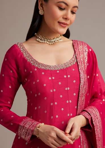 Rani Pink Gold Weave Anarkali Set With Banarasi Dupatta